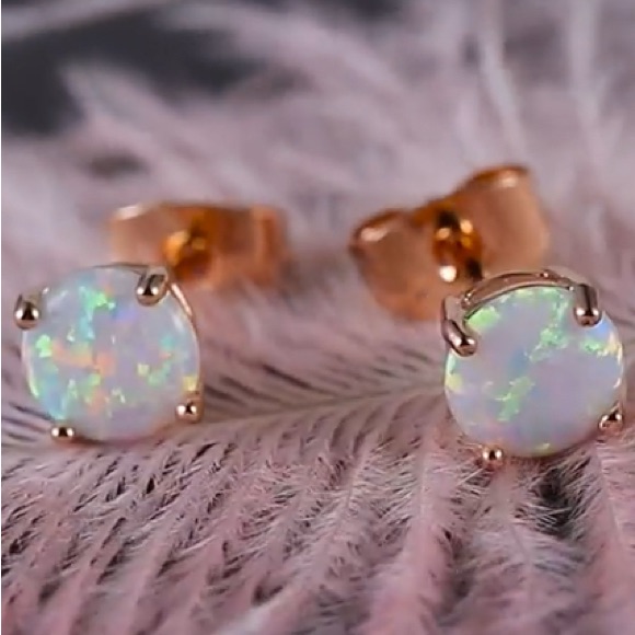 18k Rose Gold Sterling Silver 7mm Opal Stud Earrings October Birthstone Crystals